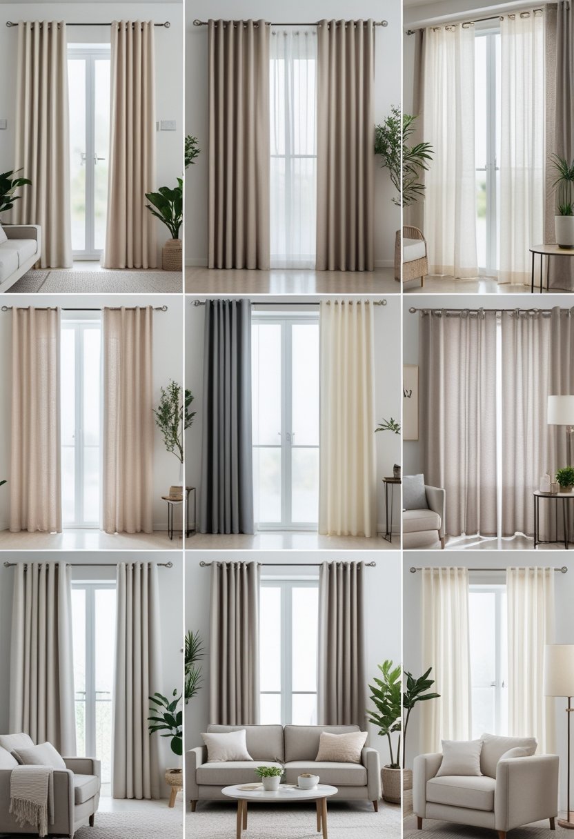 A living room with seven different neutral-colored curtains hanging on large windows, featuring a sofa, coffee table, and plants.