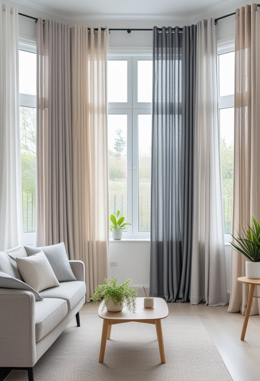 Living room with seven different neutral-colored curtains displayed on large windows, featuring a sofa and coffee table.