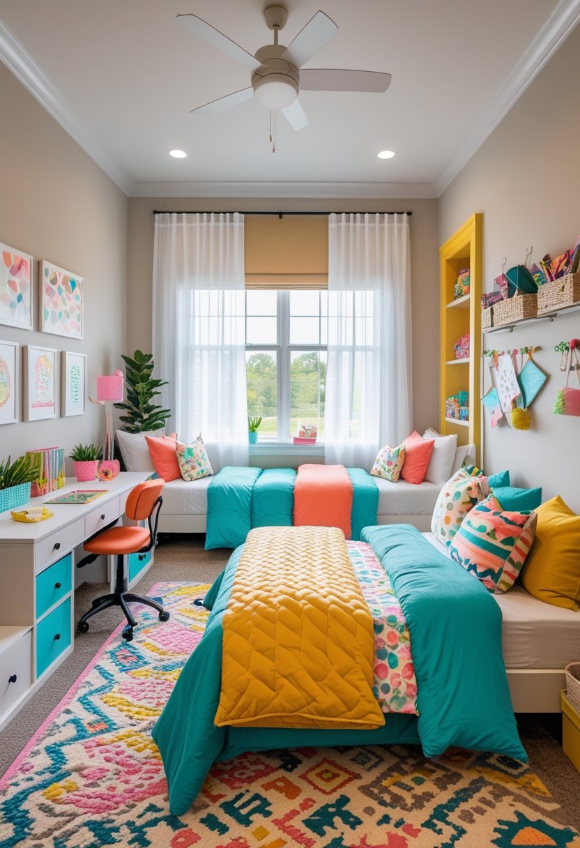 A spacious girls' bedroom with neutral walls and colorful accents, featuring multiple beds, a study desk, plants, and bright natural light.