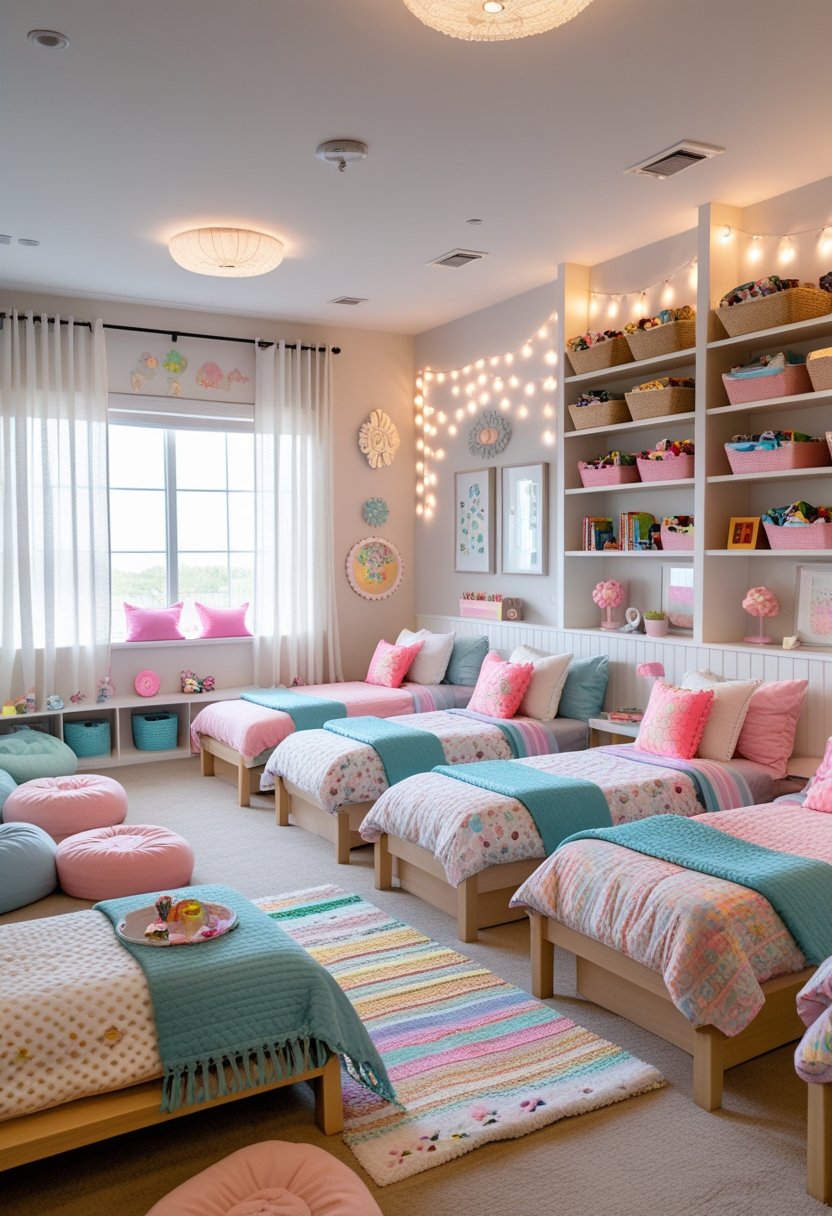 A spacious bedroom with nine beds, colorful bedding, shelves with books and toys, a reading nook, desks, and large windows letting in natural light.