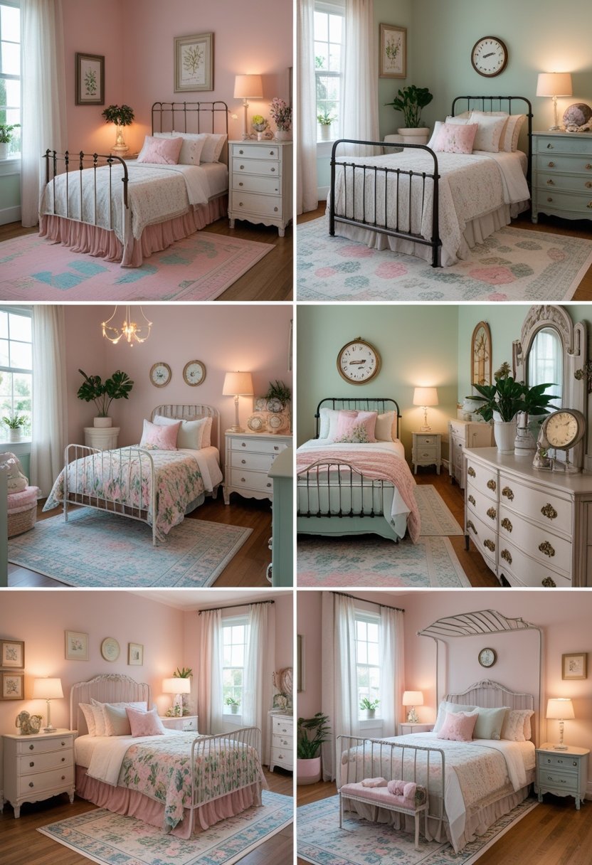 A girls' bedroom with ten beds, vintage furniture, soft pastel colors, and warm natural lighting.
