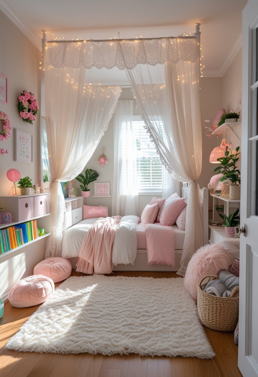A girls' bedroom with a canopy bed draped in lace curtains surrounded by various decorative items and cozy furnishings.