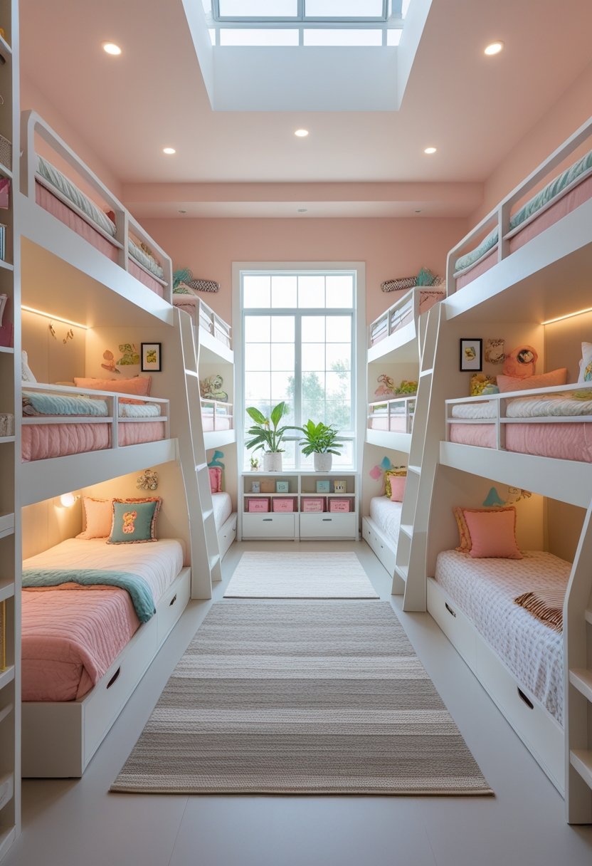 A shared bedroom with multiple bunk beds arranged to accommodate ten girls, featuring cozy bedding, personal storage, and natural light from large windows.