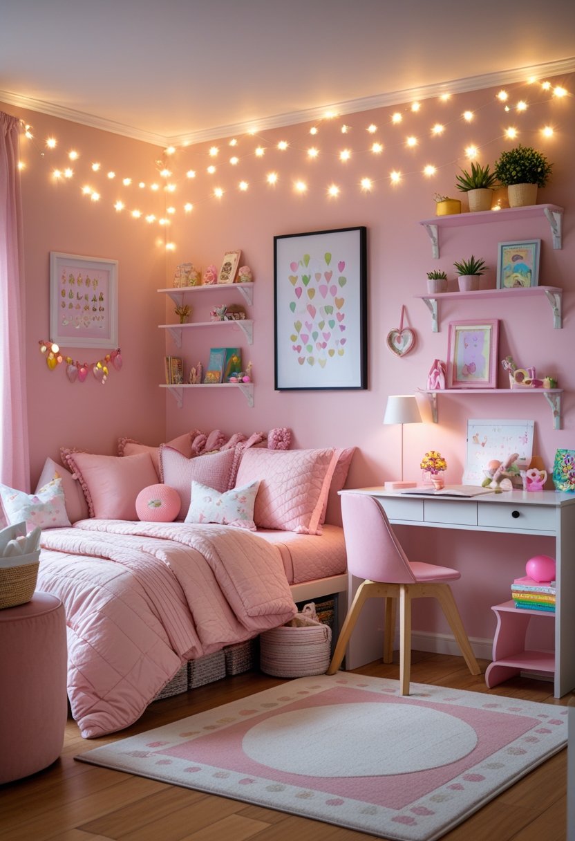 A girls' bedroom with pastel pink walls and glowing fairy lights, decorated with cozy bedding, plants, artwork, a desk, bookshelf, and various decorative items.