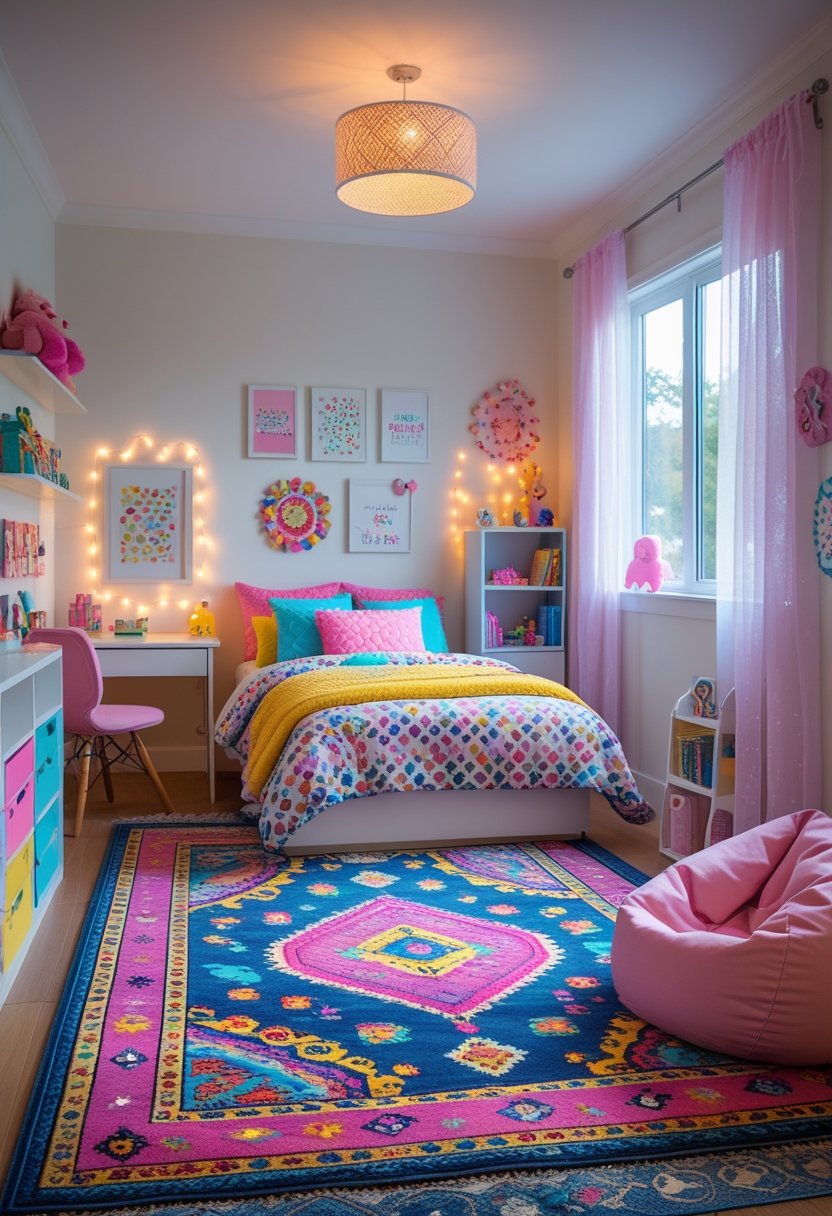 A girls' bedroom with a colorful patterned rug and various decor elements including cushions, fairy lights, a bed, bookshelf, desk, bean bag, mirror, and window with natural light.