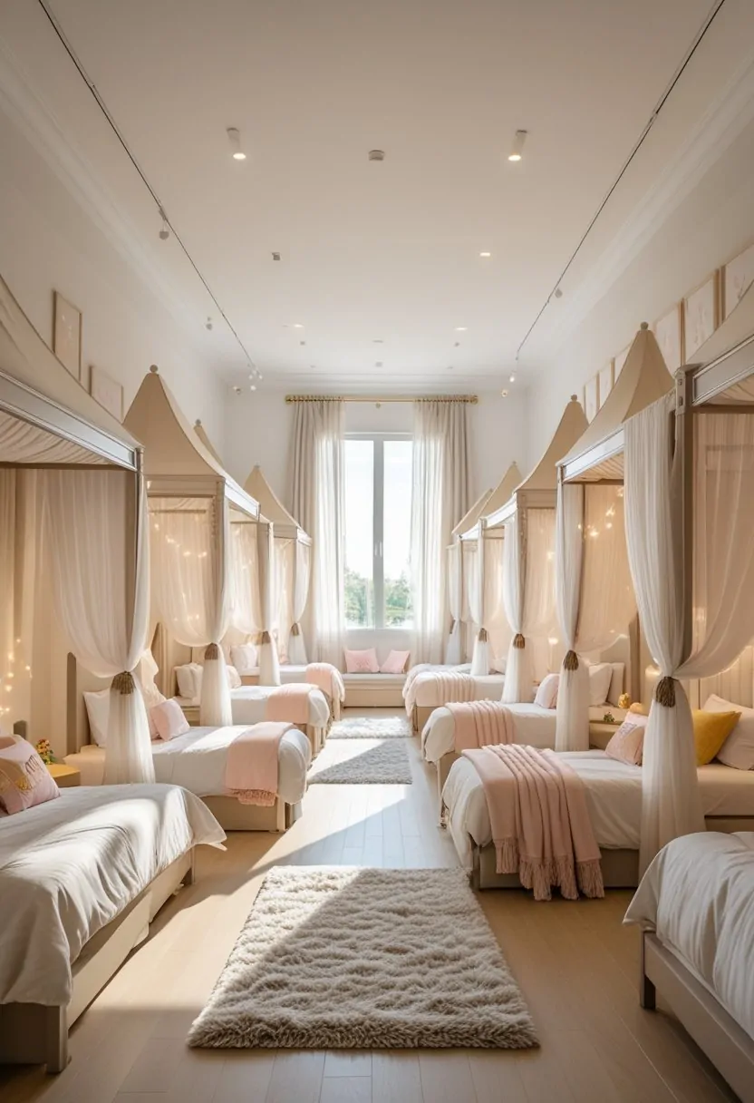 A spacious bedroom with ten canopy beds arranged neatly, each decorated with pastel linens and sheer curtains, illuminated by natural light from large windows.