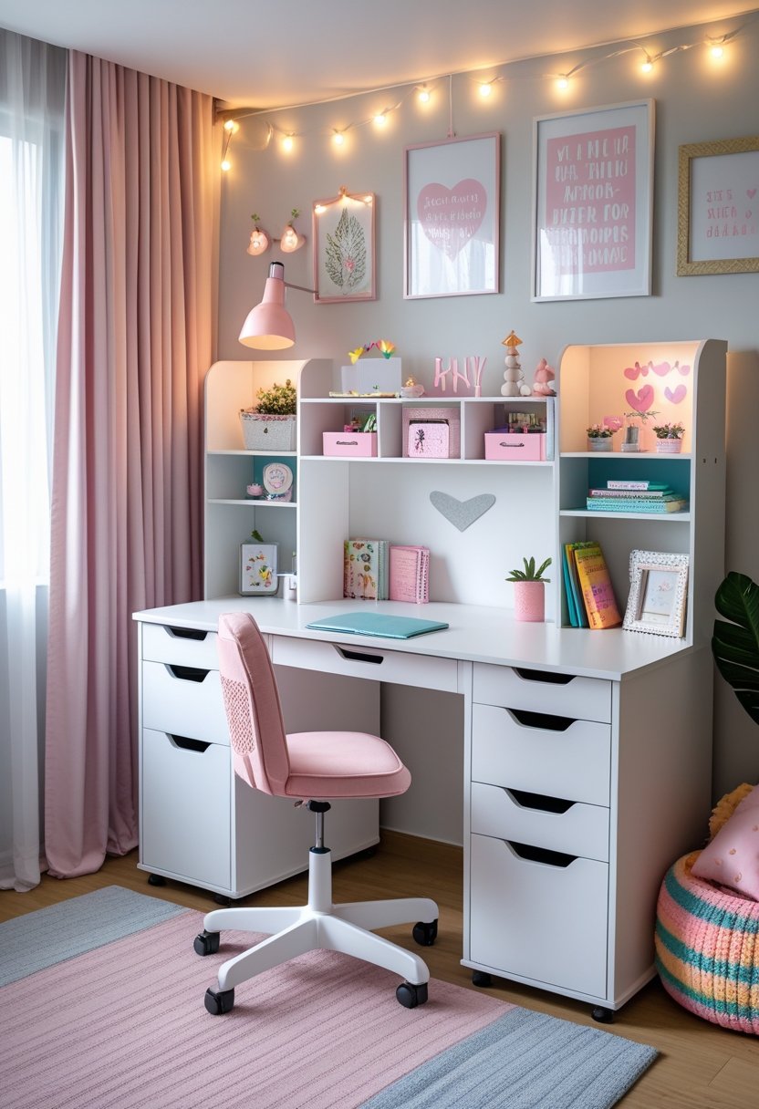 A modern adult-size desk with storage in a girl's bedroom decorated with pastel colors, books, plants, and cozy decor.