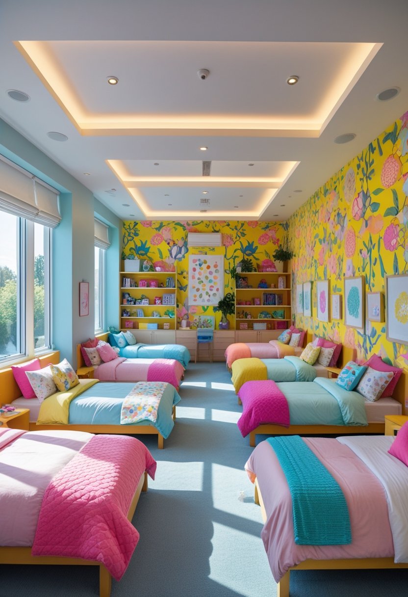A bright girls' bedroom with ten beds, colorful bedding, and a bold patterned wallpaper on one wall.