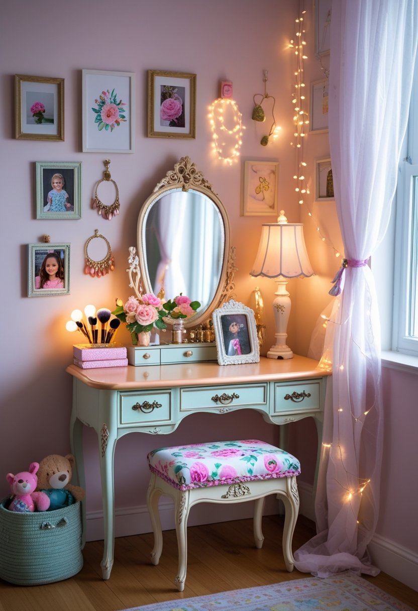 A vintage vanity table in a girls' bedroom decorated with flowers, jewelry holders, a lamp, makeup brushes, a cushioned stool, photos, books, plush toys, and fairy lights.