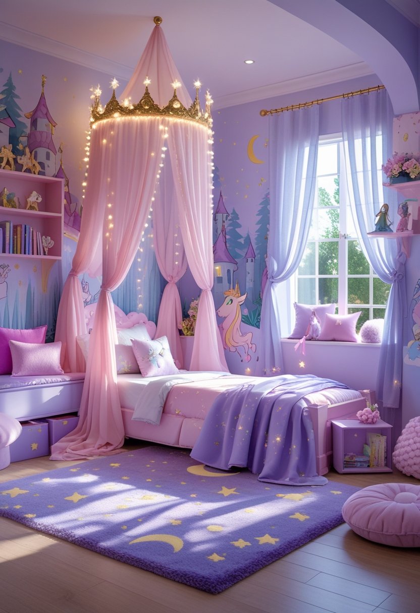 A girls' bedroom decorated with a fairy tale theme including a canopy bed, fairy lights, murals of castles and magical creatures, plush cushions, and a cozy reading nook.