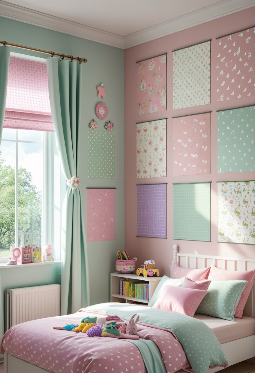 A girls' bedroom with eight different wallpaper samples displayed on the walls and soft pastel colors throughout the room.