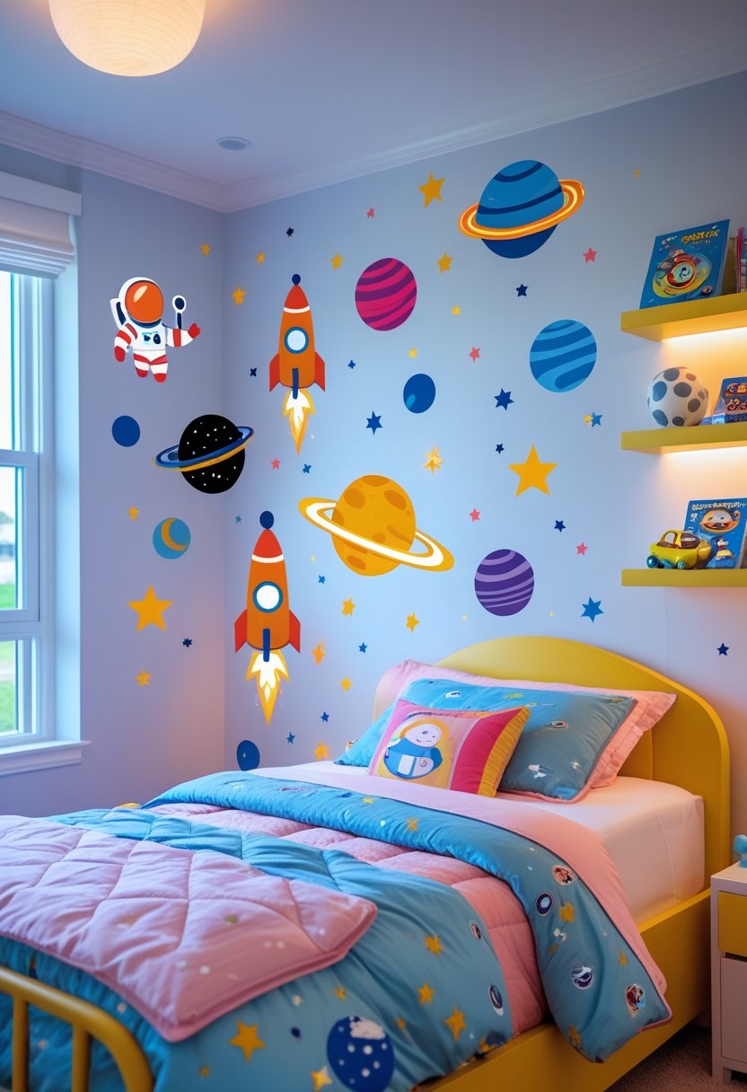A girls' bedroom decorated with space-themed wall decals including rockets, planets, and astronauts, featuring a bed, shelves with toys, and soft lighting.