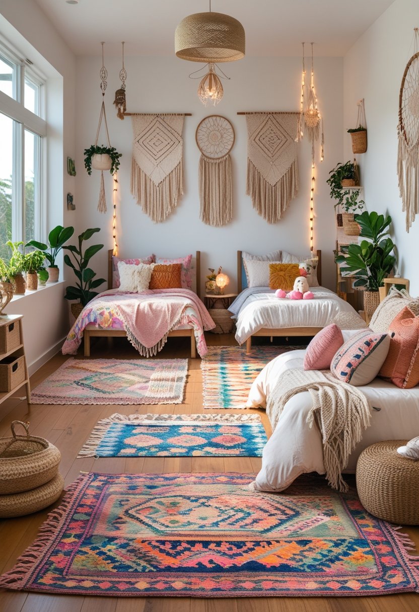 A bright girls' bedroom with ten beds, each decorated with colorful rugs, textiles, and cozy bedding, featuring plants and natural light.