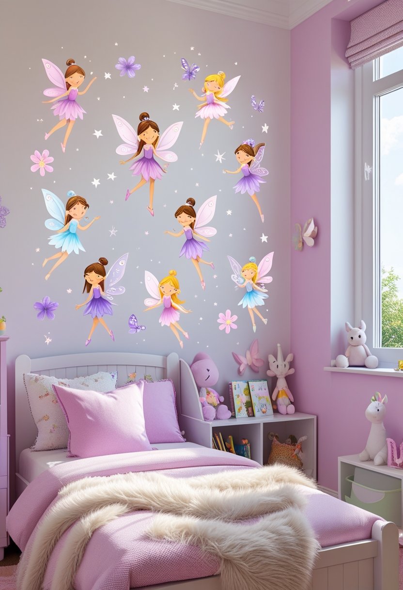 A girls' bedroom with nine fairy wall decals on the wall, soft pastel colors, a cozy bed, and natural sunlight coming through a window.