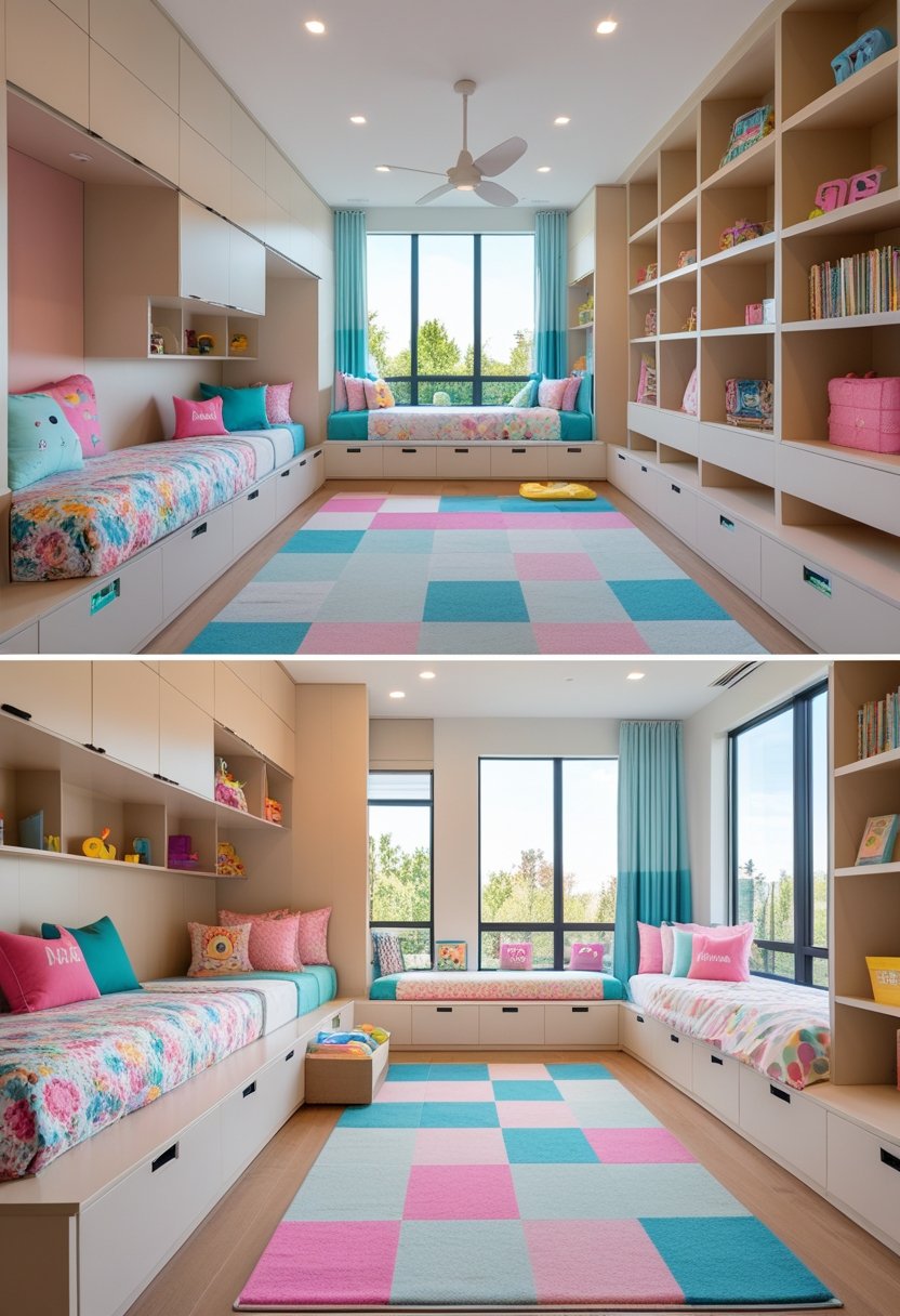 A spacious girls' bedroom with ten beds and built-in storage, including drawers and shelves, decorated with colorful bedding and toys.