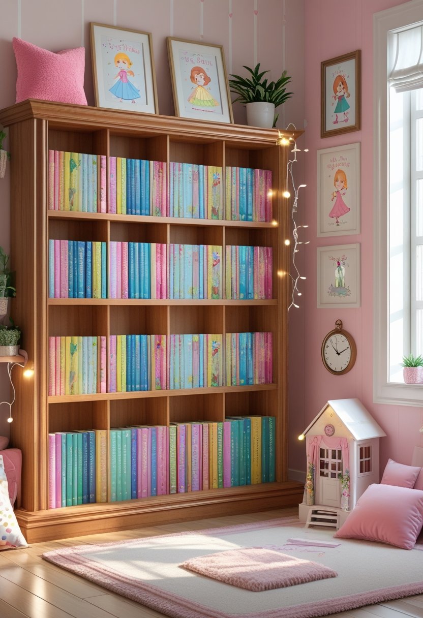 A girls' bedroom with a wooden bookshelf filled with classic fairy tale books and various decorative items including cushions, fairy lights, framed artwork, a plant, a clock, a rug, a dollhouse, a reading chair, and patterned walls.