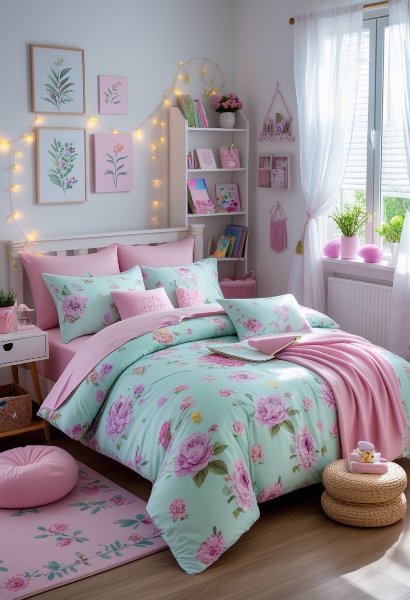 A bright girls' bedroom with a floral bedding set and nine different decor elements including a reading nook, wall art, bookshelf, string lights, area rug, potted plant, throw blanket, desk with art supplies, and sheer curtains.