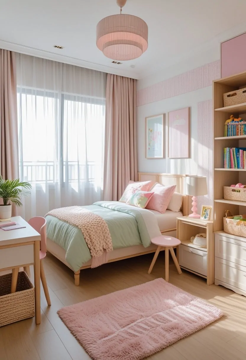 A bright and cozy girls' bedroom with a bed, desk, bookshelf, and window letting in natural light.