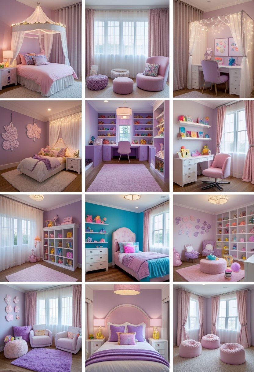 A bright girls' bedroom with a canopy bed, study desk, shelves with books and toys, bean bag seating, and colorful decor.