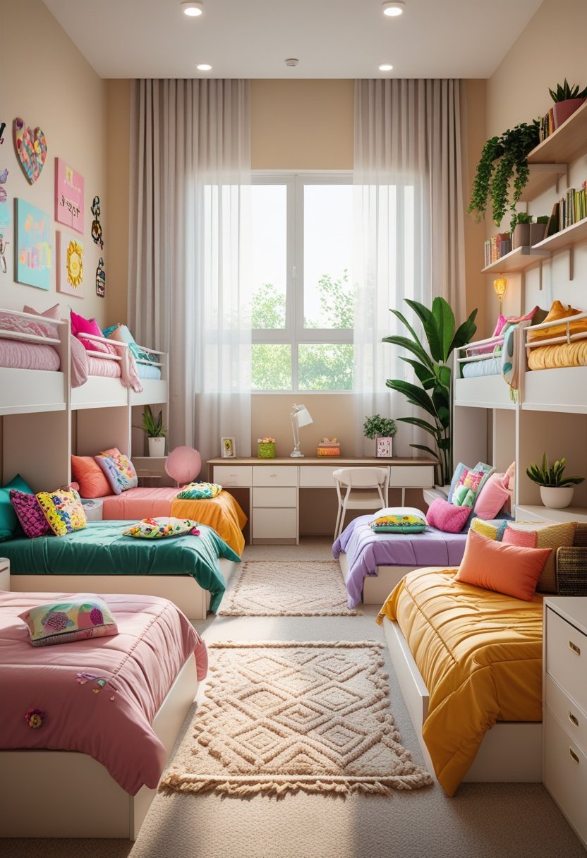 A bright bedroom with ten beds, each decorated differently, showing a cozy and personalized shared space for ten girls.