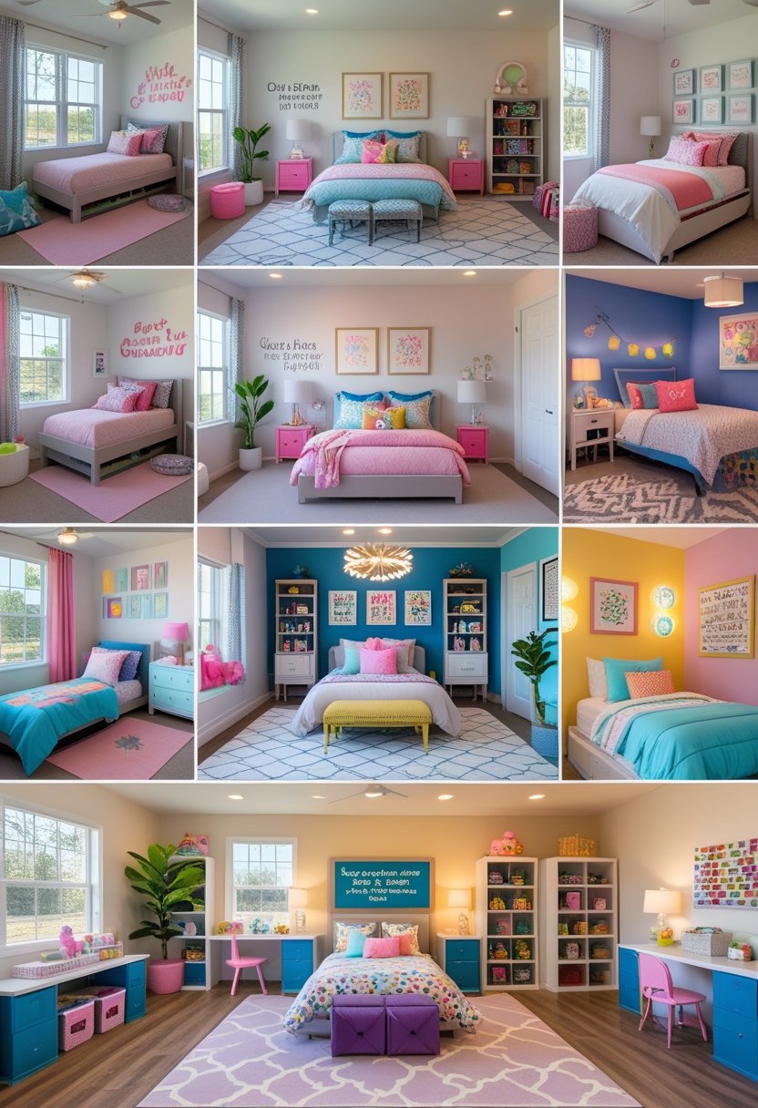 A bright bedroom with nine distinct decorated areas for girls, each with colorful bedding, wall art, and cozy furniture.