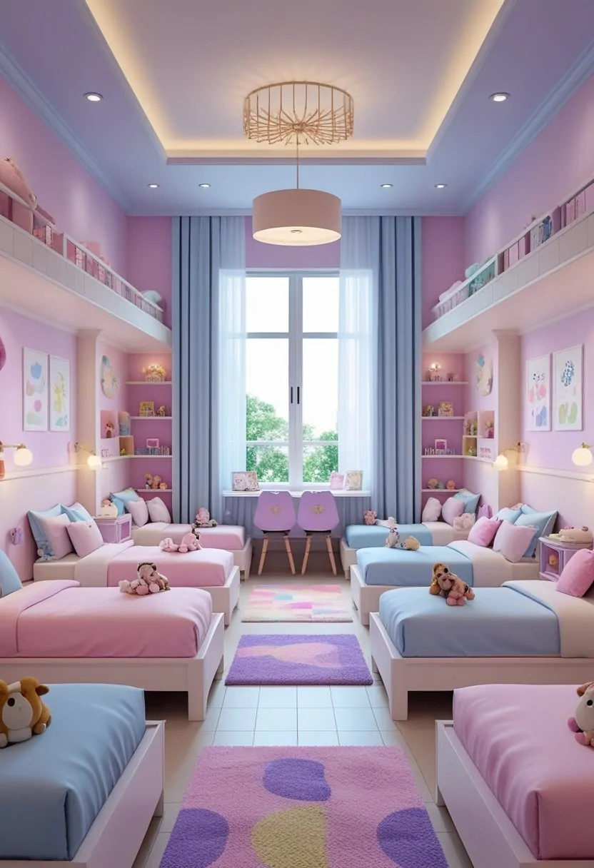 A spacious and bright bedroom with ten neatly arranged beds decorated with colorful bedding and personal items, natural light coming through large windows, and shelves with books and toys.