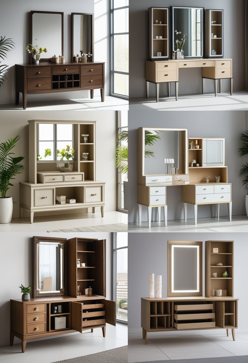 Eight different dressing tables with various storage features displayed in a bright showroom.