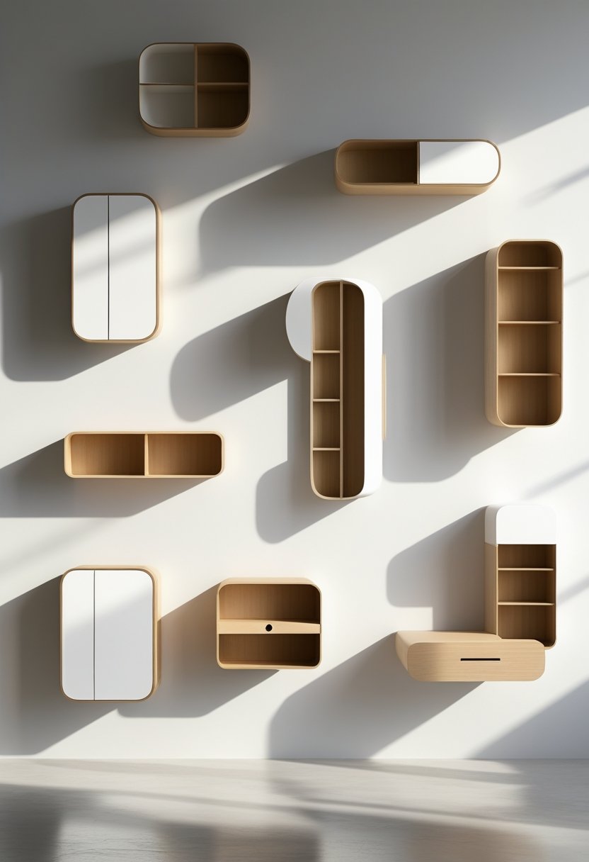 Eight floating dressing tables mounted on a wall, each with hidden drawers slightly open, displayed in a bright room.
