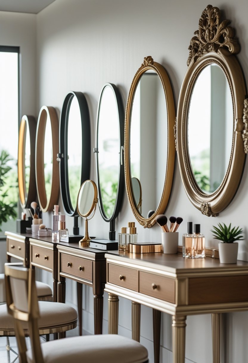 Seven different dressing table mirrors displayed on tables with various decorative items in a bright room.