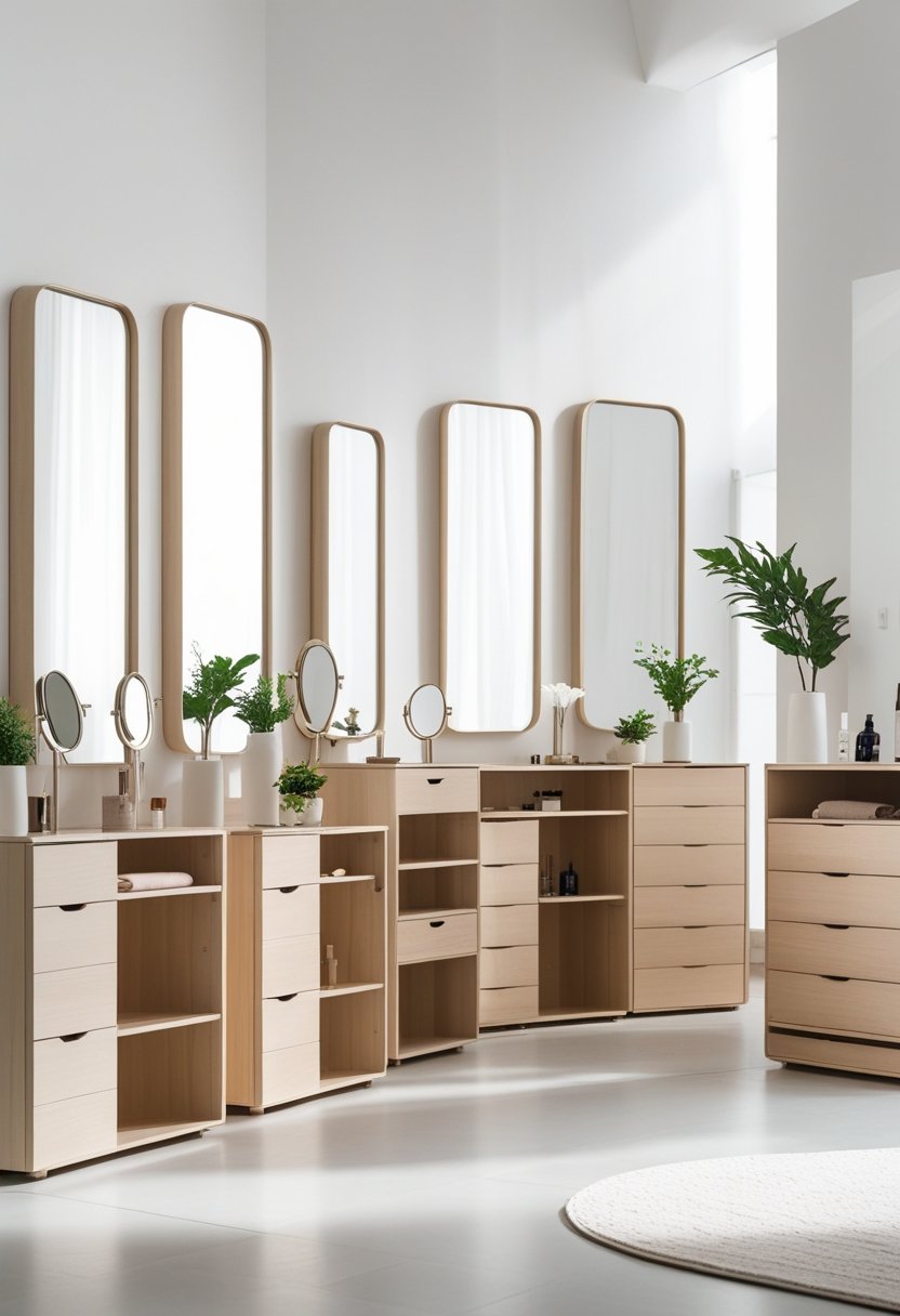 Eight vanities with drawers and shelves arranged in a bright room with mirrors and simple decorations.