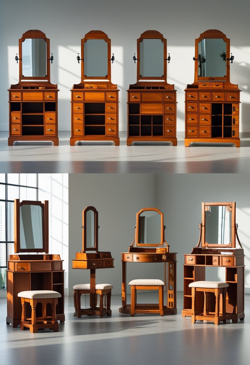 Eight wooden dressing tables with multiple compartments and drawers displayed in a bright showroom.