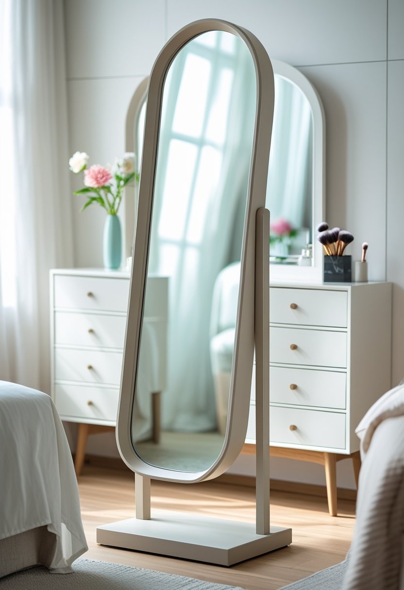 A full-length freestanding mirror with an arched top standing in a bedroom next to a dressing table.
