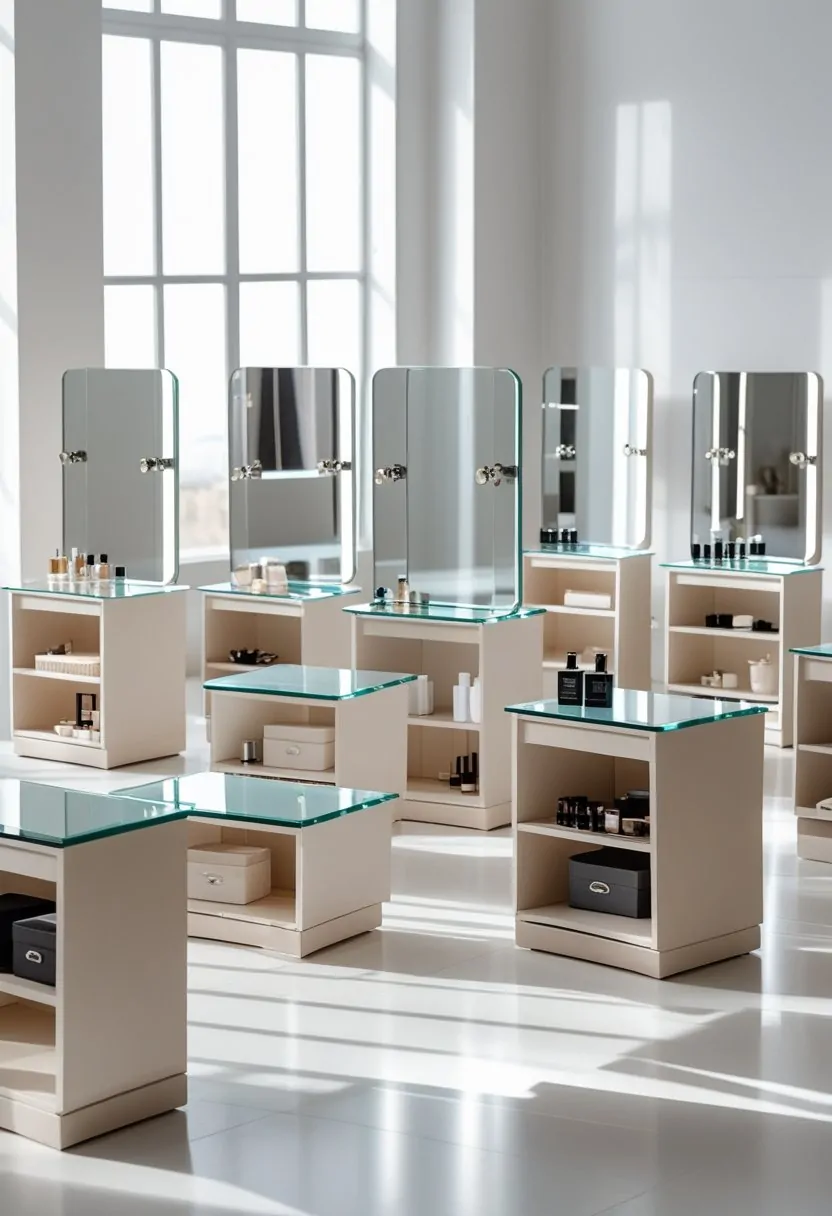 Eight modern dressing tables with glass tops and built-in storage trays displayed in a bright showroom.
