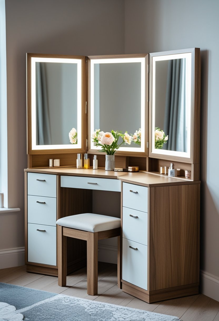 A corner dressing table with storage compartments, featuring both a half-length mirror and a full-length mirror.