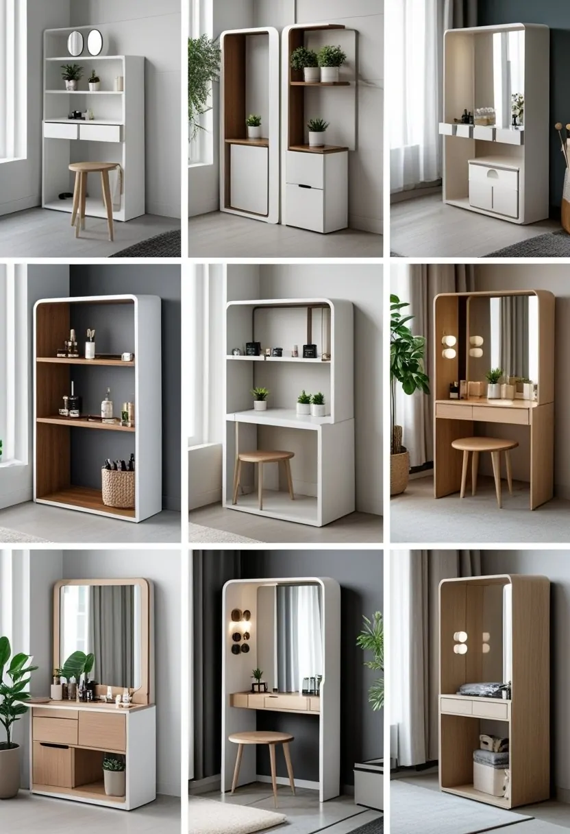 Eight compact corner dressing tables with shelves and drawers arranged in a bright room.
