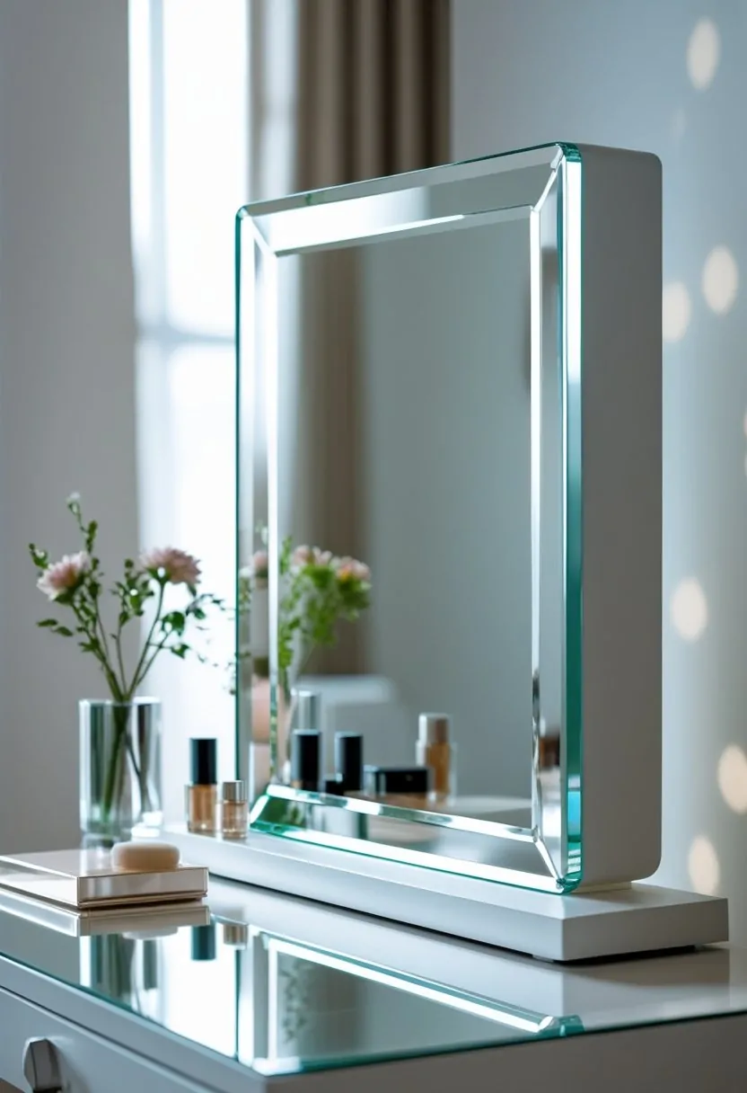 A modern dressing table with a bevelled glass mirror, a vase with flowers, cosmetics, and a stool.