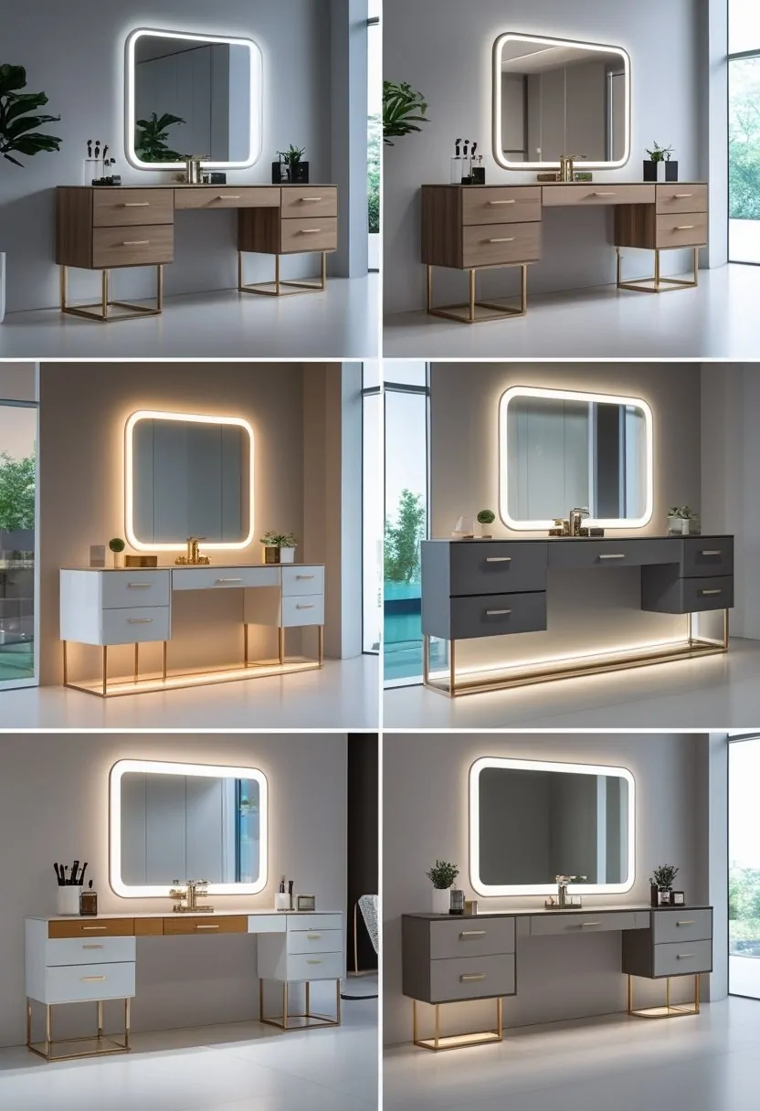 A showroom displaying eight dressing tables with illuminated mirrors and hidden storage compartments.