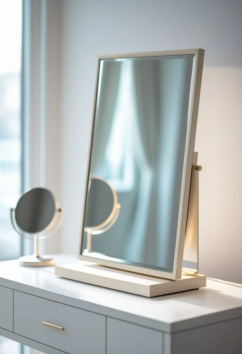 A square dressing table mirror with a thin frame on a clean dressing table, showing seven different mirror designs in a bright room.