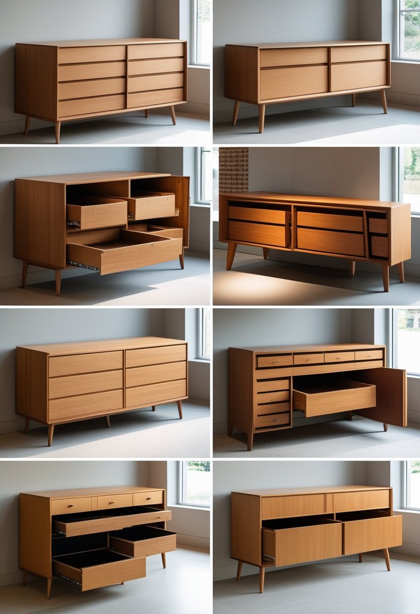 Eight wooden dressing tables with sliding drawers and storage compartments displayed in a bright showroom.
