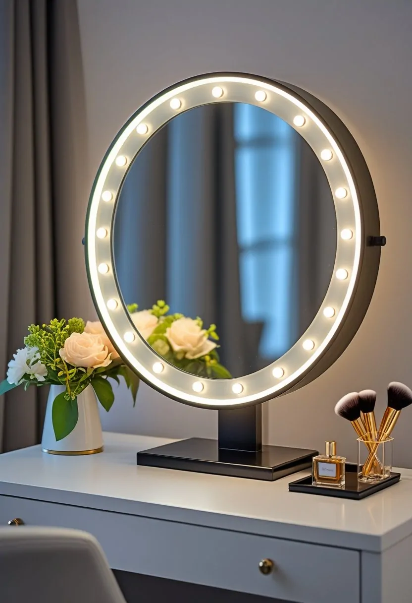 A round dressing table mirror with LED lights around its edge on a clean vanity table with makeup accessories.
