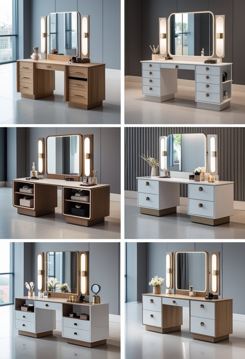 Eight custom-built dressing tables with modular storage units displayed in a bright showroom.