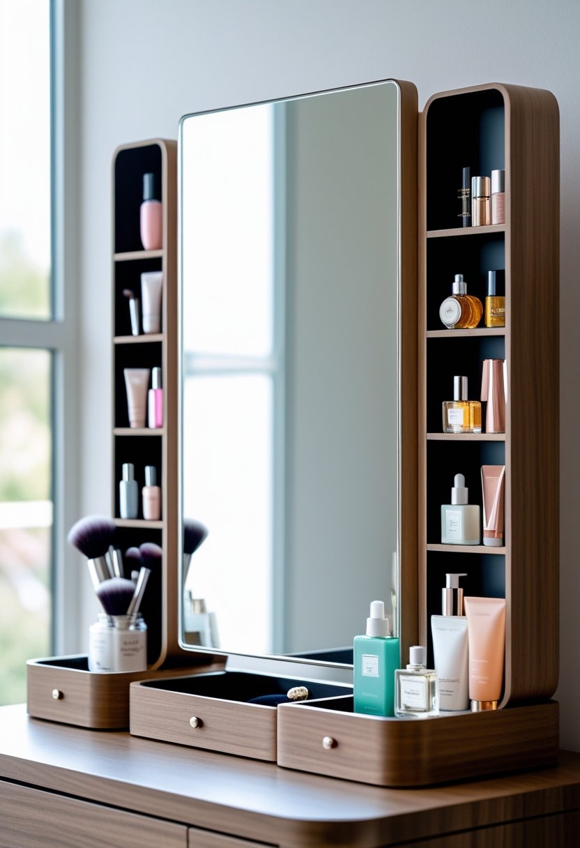 A dressing table mirror with built-in storage compartments holding beauty products and accessories on a wooden table.
