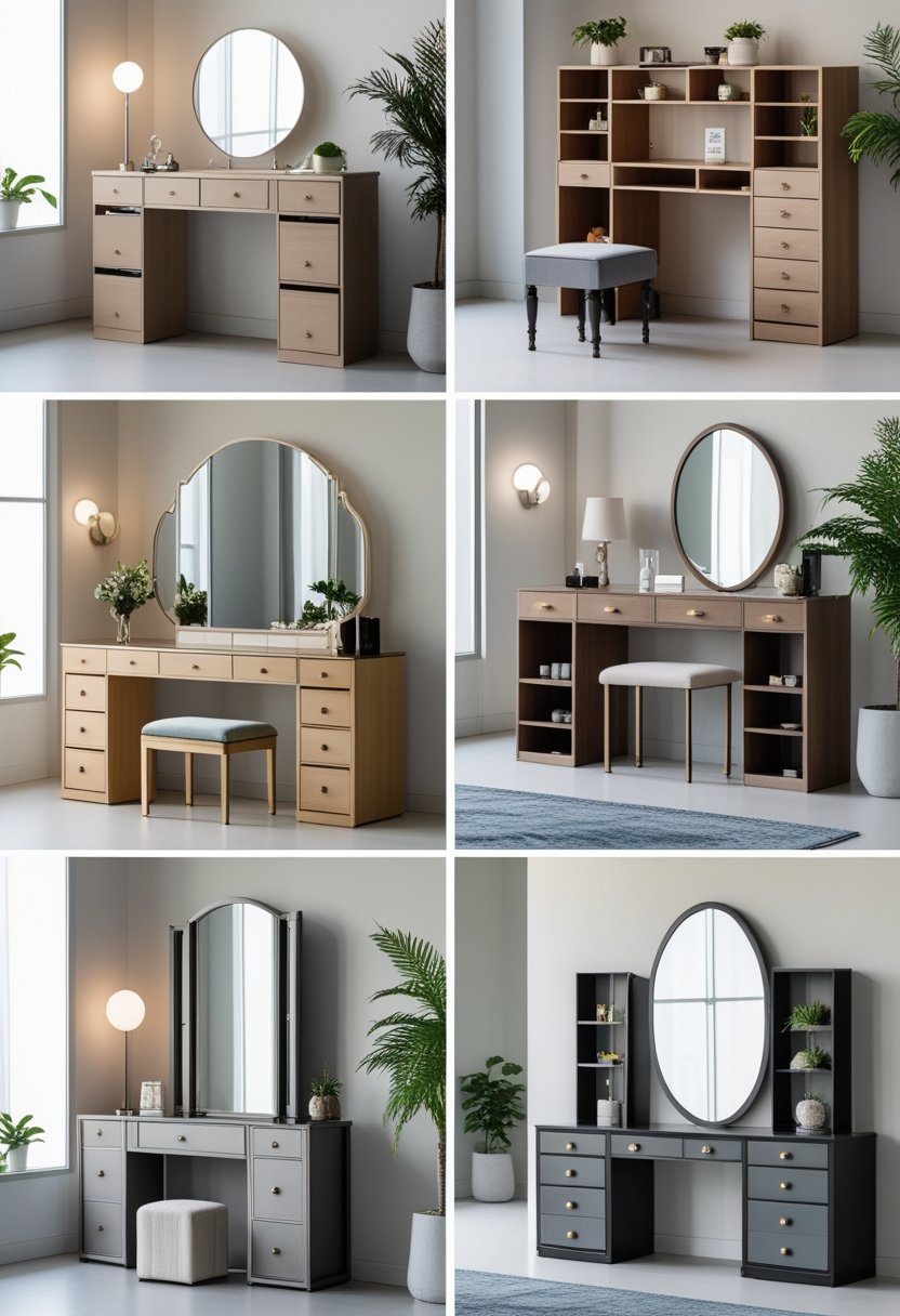 Eight different dressing tables with built-in storage arranged in a bright showroom.