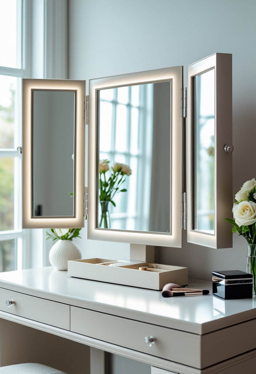 A triple panel dressing table mirror with three connected mirrors showing different angles placed on a dressing table with decorative items.