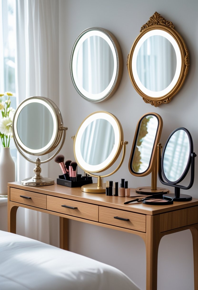 Seven different dressing table mirrors displayed on a wooden vanity table with makeup items and flowers in a bright bedroom.
