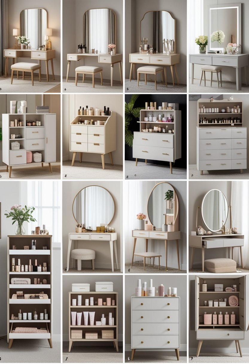 Eight dressing tables with organized storage, each displaying neatly arranged beauty products and accessories in a clean, well-lit room.