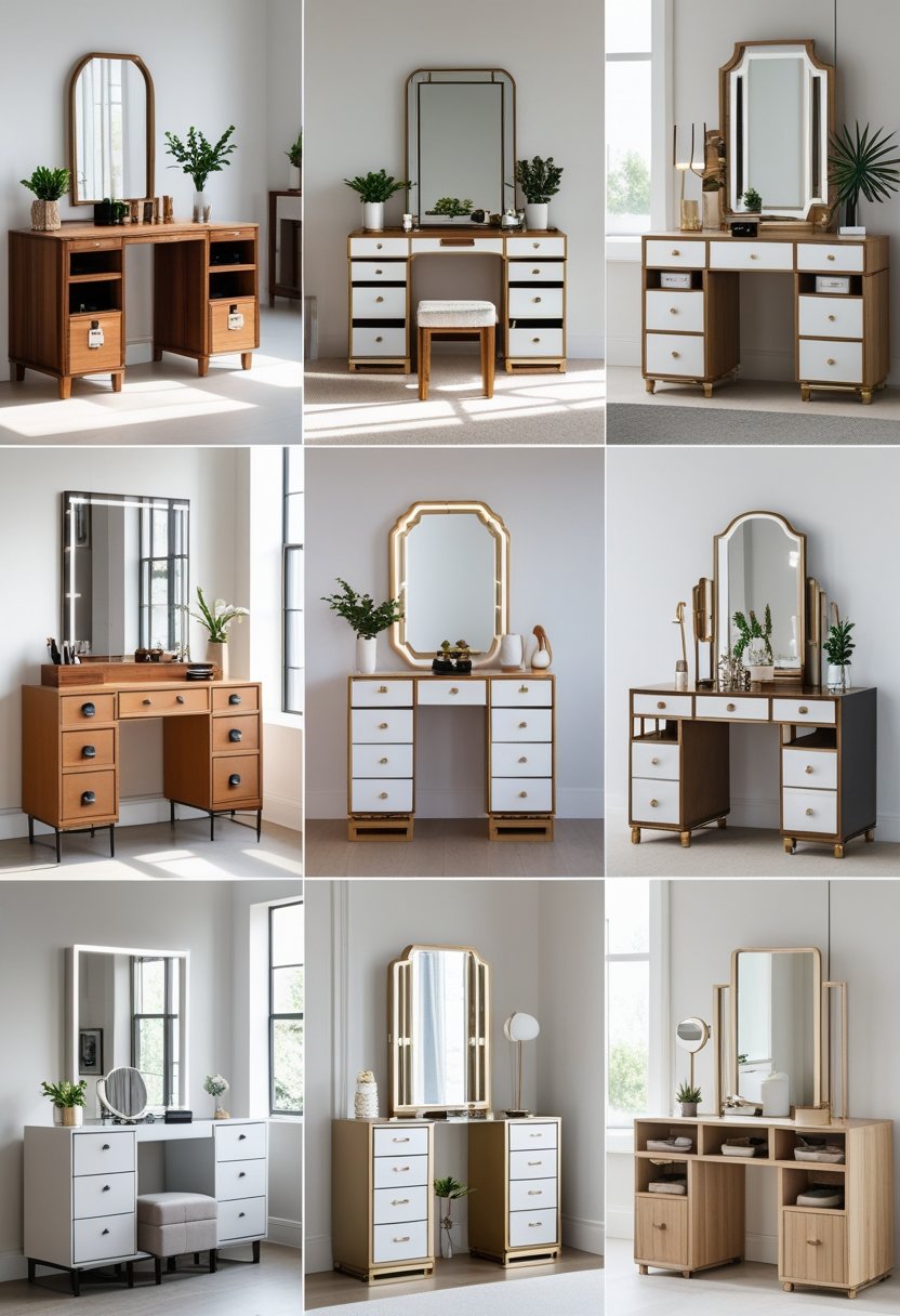 A room displaying eight different dressing tables with mirrors and storage compartments arranged neatly.