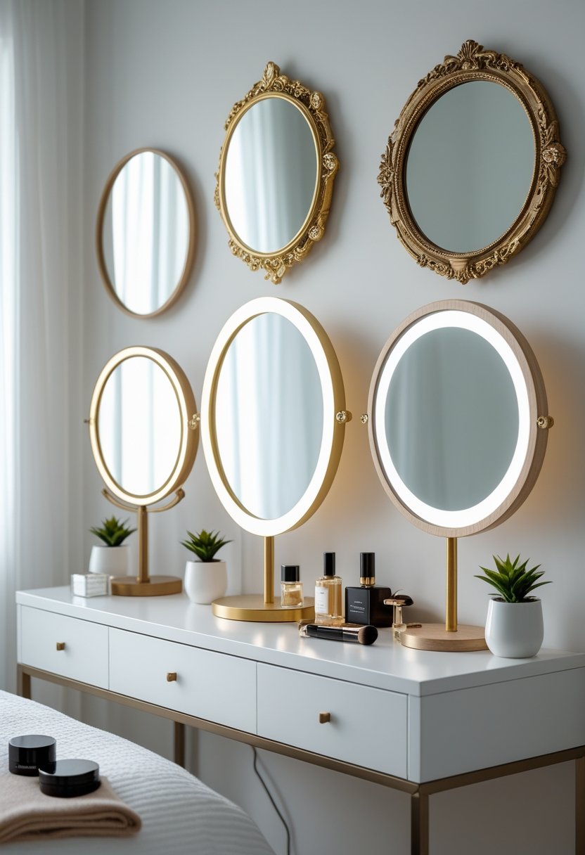 Seven different dressing table mirrors displayed on a vanity table with makeup items and plants in a bright room.
