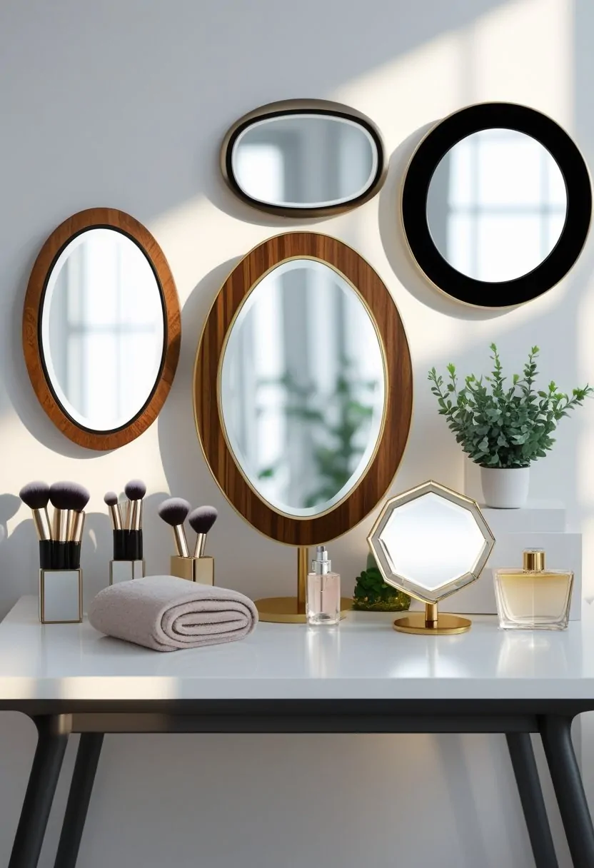 Seven different dressing table mirrors displayed on a vanity table with makeup items and plants.