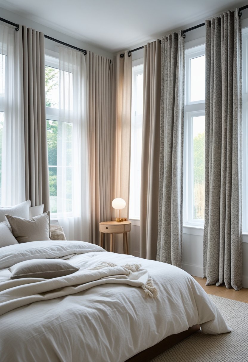 A bedroom with seven different types of curtains hanging on large windows, showing a variety of fabrics and styles.